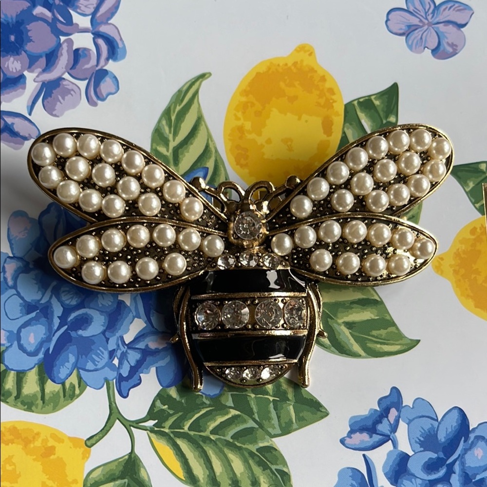 Elegant Pearl and Black Bee Brooch